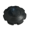 Underside view of the chipper fuel cap highlighting the metal bayonet securing tabs and inner sealing gasket.