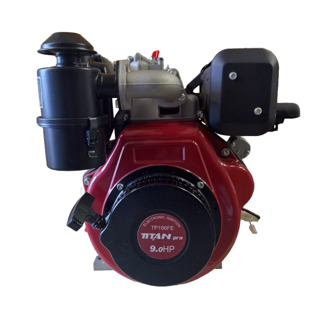 Order a This 9HP single-cylinder diesel engine TP186FBE boasts an exceptional power-to-weight ratio and incredible reliability. Featuring both an electric key start and recoil backup it acts as a direct replacement for the Titan Pro TP1100BE-6 tiller. Thanks to its standard 25mm output shaft it is also highly adaptable for water pumps generators and custom engineering applications.