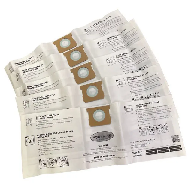 Order a Titan vacuum cleaner bags 5 pack suitable for use with 15 litre 20 litre 30 litre and 40 litre vacuums.These are brand new compatible Non OEM bags that help your vacuum perform to the top of its capabilities to remove dirt and debris in an easily disposable bag.