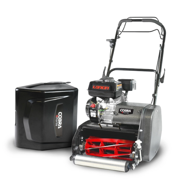 Order a Get a flawless striped lawn with the Cobra Fortis 14L  a 14 petrol mower with 6-blade cylinder adjustable height and cartridge compatibility.